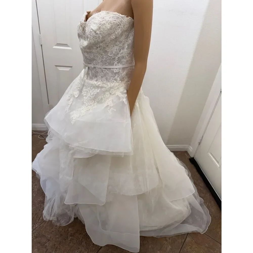 Oleg Cassini Size 16 W Ivystone White Strapless Lace Wedding Dress Layered Train - Picture 5 of 16